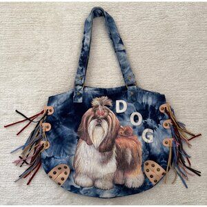Tie-Dye Dog Print Corduroy Tote Bag With Fringe Details Zipper Pocket